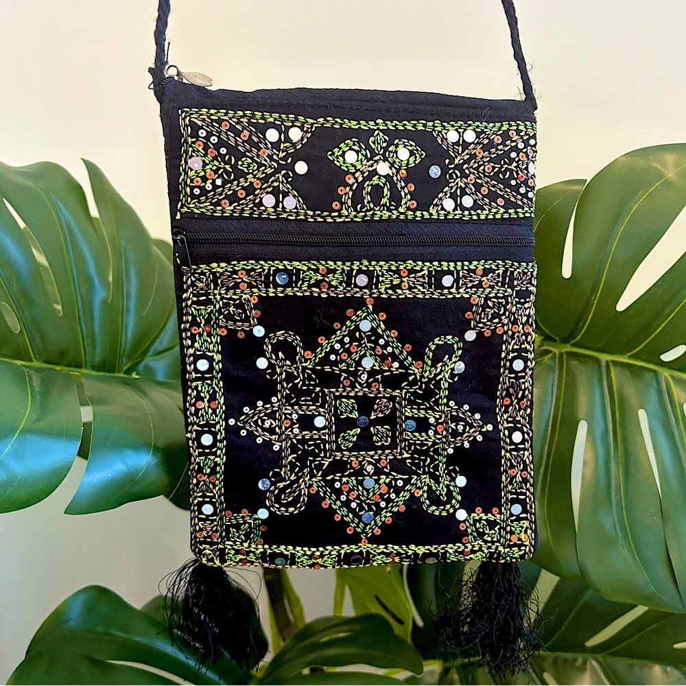 Embroidered Purse Ethnic‎ Black Crossbody Bag with Sequins and Tassels